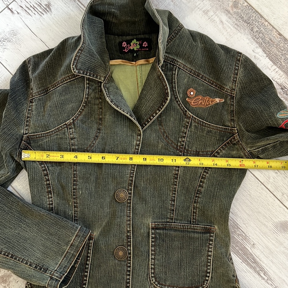 Green Denim Blazer with Embroidery